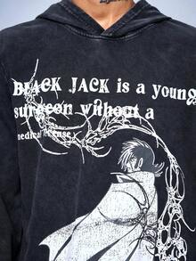 ROMWE MEN Black Jack X ROMWE Felpa con cappuccio da uomo con grafica retrò anime, adatta per autunno/inverno, top a maniche lunghe - nero - Visualizzare 2