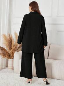 Lacomfia Plus Size Women Casual Commuting Simple Solid Color Drop Shoulder Loose Button Front Shirt And Wide Leg Pants 2 Piece Set - Black - View 2