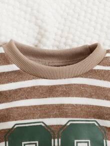 SHEIN Infant Boys' Casual Comfortable Number Print Striped Jumpsuit, Autumn/Winter