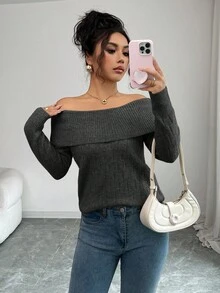 Elenzga Sexy American Style Collared Off Shoulder Fitted Knit Long Sleeve Top, High-End Niche Design For Autumn/Winter - Black - View 5