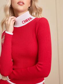 Cheerettes Women's Letter Pattern Turtleneck Long Sleeve Sweater, Autumn/Winter - Red - View 4