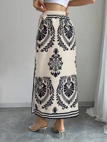 SHEIN PETITE 女士印花裹身系腰半身裙，适合春夏度假穿着