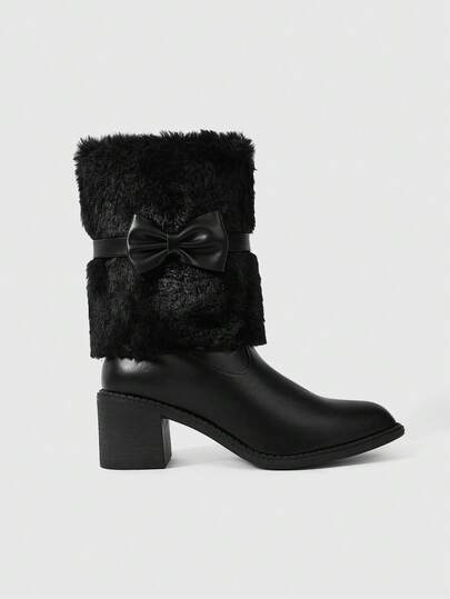 Kawaii Fashionable Versatile Commuter Bow Decor Chunky High Heel Mid-Calf Boots