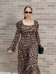 Melissa Matos Women's Fashion Leopard Print Flare Sleeve Dress For Autumn Elegant Women Dresses Long Evening Dresses