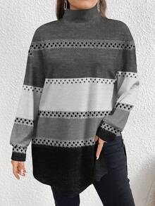 EMERY ROSE Koszulka z długim golfem dla kobiet w kolorze Merlot w kolorze Święto Dziękczynienia, w paski, w minimalistycznym, luźnym rozmiarze, jesień/zima