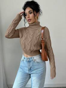 Selianne 女式休闲纯色粗针织高领毛衣，秋冬 - 摩卡棕 - 查看 3