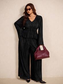 Elaquor Plus Size Elegant Commuter Solid Color Flare Sleeve Top And Pants Set - Black - View 5