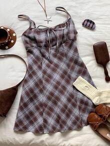 Comfortcana Women's Autumn Winter Casual Plaid Suspender Mini Dress Square Neck Dress, Brown Plaid Dress, Autumn Cottagecore Dress, Fall Clothing