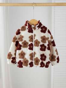 SHEIN Baby Girl Floral Pattern Long Sleeve Zip-Up Fleece Jacket, Autumn/Winter
