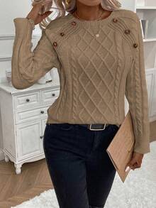 SHEIN LUNE Women's Casual Everyday Commute Simple Versatile Solid Color Button Decor Cable Knit Sweater, Autumn/Winter - Mocha Brown - View 4