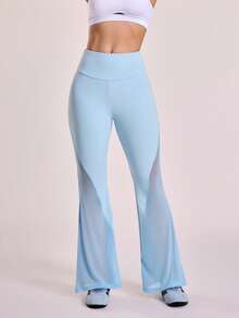 Sovereign Charm Pantaloni sport de yoga cu design evazat din plasă, model patchwork, pentru femei - Albastru - Vizualizare 3