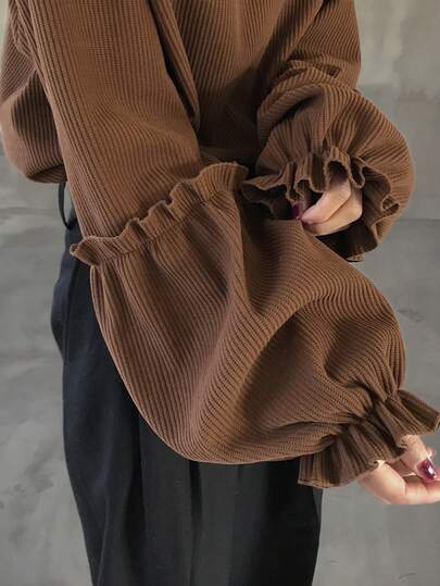 FRIFUL 女士纯色圆领落肩长袖罗纹宽松休闲T恤