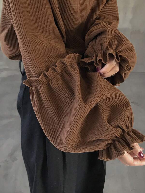 FRIFUL Women's Solid Color Round Neck Drop Shoulder Long Sleeve Ribbed Loose Casual T-Shirt