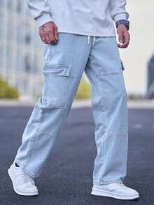 Manfinity Hypemode 宽松男士明线缝制抽绳腰带工装牛仔裤 - 淺色水洗藍 - 查看 3