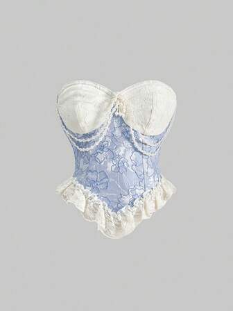 Kawaii Blusa con decoración de broche de encaje, satén y perlas de estilo victoriano vintage, con mangas abullonadas para mujer