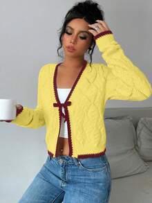 Rafferiza French Casual Versatile Diamond Textured Long Sleeve Pullover Knit - Yellow - View 6
