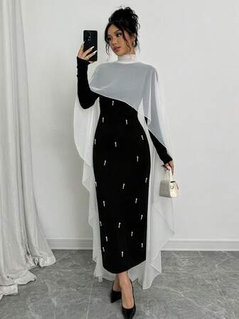 Rafferiza 1 st svart pärlspetsad poncho-klänning i maxi-stil för kvinnor