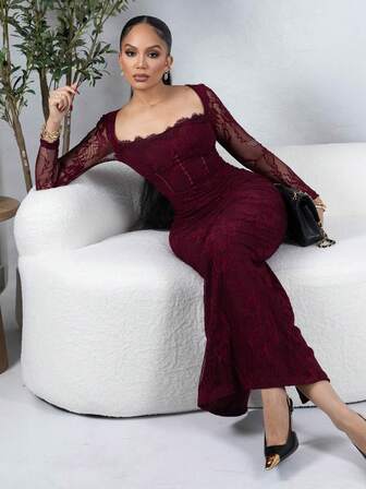 Melissa Matos Women's Autumn/Winter New Party/Date Night/Evening Sexy S-Shape Lace Long Sleeve Bustier Corset Style Crew Neck Bodycon Maxi Dress, Black