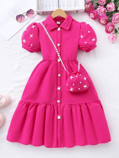 SHEIN Girls' Solid Color Collar Puff Sleeve Cardigan Summer Cute Dress With Small Bag Girls Spring Autumn French Style Dress