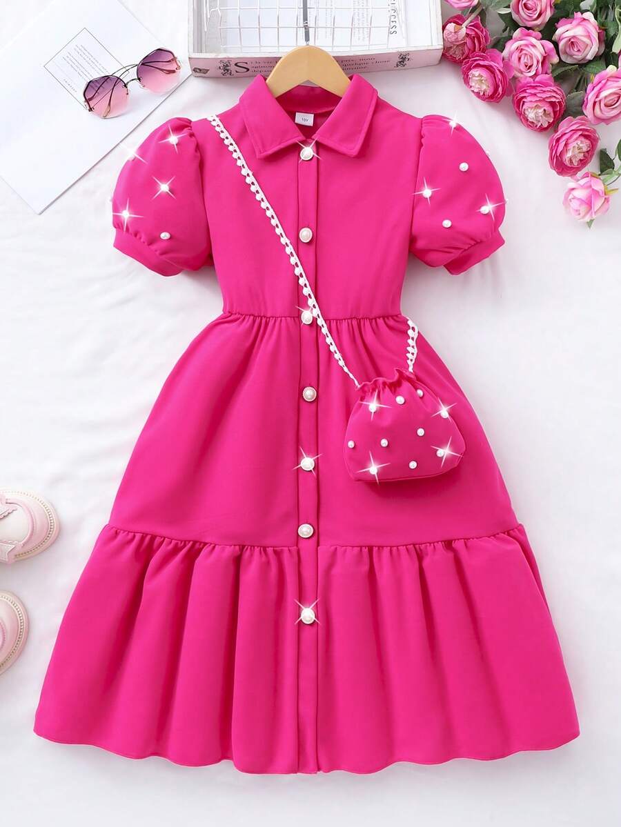 SHEIN Girls' Solid Color Collar Puff Sleeve Cardigan Summer Cute Dress With Small Bag Girls Spring Autumn French Style Dress