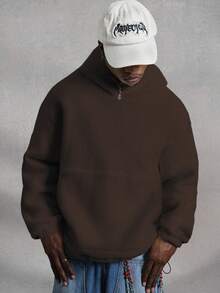 PAVTROS Men's Minimalist Fashion Half-Zip Long Sleeve Hooded Sweatshirt - Brown - View 4