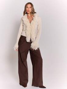 MUSERA Knit Shaggy Trim Fitted Cardigan Cosy Fluffy Cute Casual Coffee Club Winter Spring Sweater Valentines Day - Cream - View 2