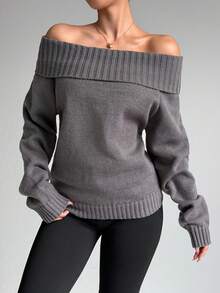 Dewbera Dewbera Women's Regular Fit Long Sleeve Off-Shoulder Sweater - Dark Grey - View 3