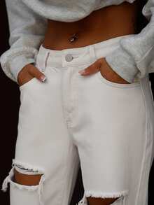 SAYEHFBABY 休闲百搭纯色破洞直筒牛仔裤 - 白色 - 查看 3