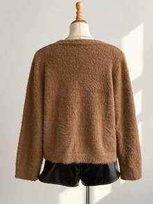 SHEIN Unity Autumn/Winter New Commuting Versatile Faux Fur V-Neck Slim Fit Women Cardigan Sweater - Brown - View 2