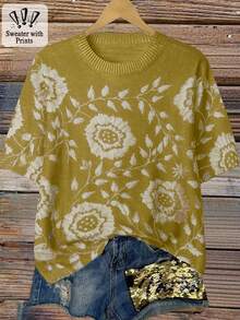 Linhara Plus Size Women Colorblock Knit Round Neck Printed Short Sleeve Casual Pullover Sweater, Random Print, Autumn/Winter - Yellow - View 4