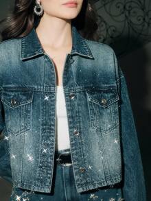 Anewsta Women's Long Sleeve Single-Breasted Casual Loose Fashion Rhinestone Denim Jacket - Blue - View 7