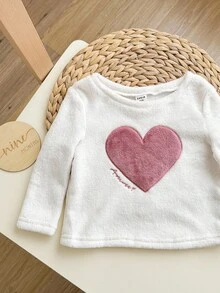 4件套女婴情人节可爱爱心云朵印花圆领长袖上衣和柔软抓绒睡衣套装 - 彩色 - 查看 7