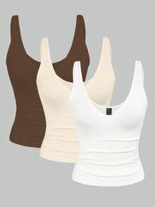 Airaco 3pcs/Set Fitted Short Leopard Print & Solid Color V-Neck Camisole For Women, Summer - Multicolor - View 3