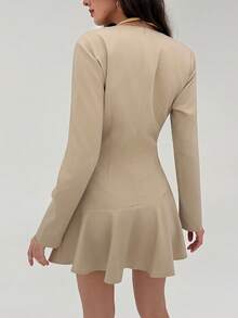 Aloruh Women's Elegant Long-Sleeved V-Neck Mini Dress,Khaki Autumn Solid Color Pleated Waist A-Line Party Dress,Wedding Guest Dinner Date Commute - Grey - View 3
