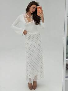 Aloruh Minimalist Commuter Black & White Polka Dot Maxi H-Line Skirt, Autumn/Winter - Black and White - View 4