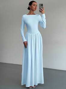 Aloruh New Sexy Scoop Neck Long Sleeve Blue Dress, Versatile & Slimming, Suitable For Autumn/Winter - Blue - View 8