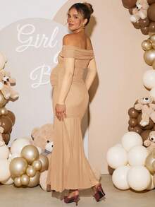 Loomaby Elegant Off-Shoulder Long Maternity Dress For Party, Beige Two Piece Sets,Pregnancy Photoshoot Dress,Babyshower,White,Autumn Maternity Dress - Apricot - View 2