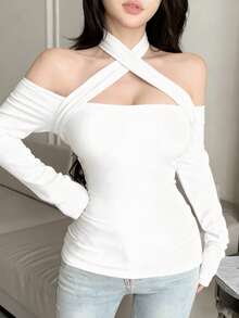 DAZY 女款夏季新款腰部設計 Y2K 長袖 T-shirt - 白色 - 查看 4