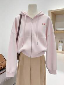 Resyla Plus Size Women Heart Embroidery Zip-Up Sweatshirt Jacket - Multicolor - View 3