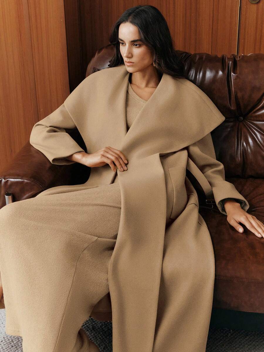 Anewsta Elegant Solid Color Oversized Lapel Overcoat, Autumn/Winter - Khaki - View 1