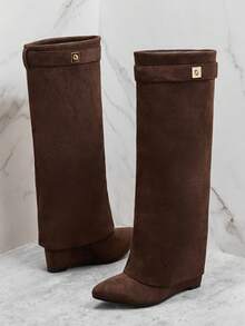 SHUZIA Women's Fashionable Comfortable Point Toe Faux Suede Fold Over Knee High Wedge Heel Boots For Christmas - Chocolate Brown - View 7