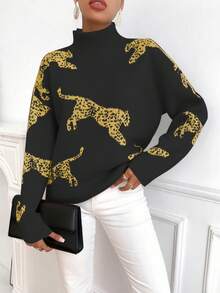 SHEIN Clasi Women's Casual Animal Pattern Stand Collar Sweater, Autumn/Winter