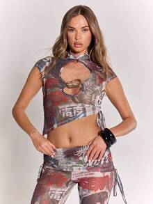 MUSERA Snake Print Mesh High Neck Cut Out Trim Ruched Side Cap Sleeve Top Cool Girl, Fall, Going Out, Sexy, , Costumes, , Costumes For Women, For Women, Women's Costume Winter Christmas Party