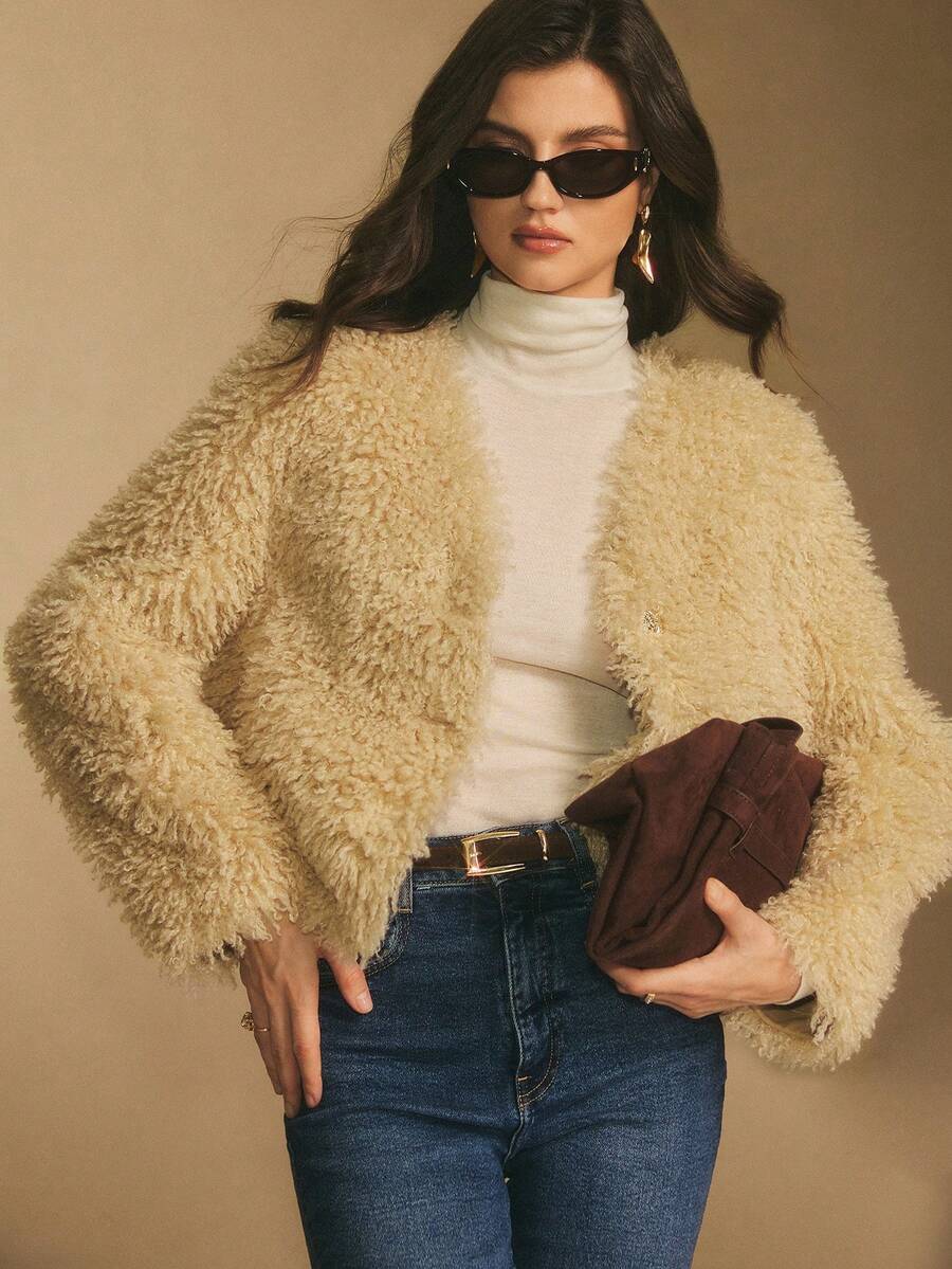 Poéselle Cozy Beige Faux Fur Teddy Jacket For Women,Elegant Soft Sherpa Cardigan,Warm Winter Fluffy Outerwear,Casual Solid Color Layer For Autumn & Night Out - Apricot - View 1