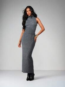 MISSGUIDED Turtleneck Sleeveless Knit Vest And Long Bodycon Skirt Two Piece Co Ord Set Winter Ribbed Sweater Outfit - Grey - View 1