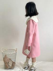 SHEIN 1 pieza Vestido de invierno elegante y versátil para niñas bebé, de manga larga, con cuello de lazo en contraste, de tela de lana rosa, corte holgado, minimalista y lindo, para otoño/invierno 2025 - Rosa - Ver 2