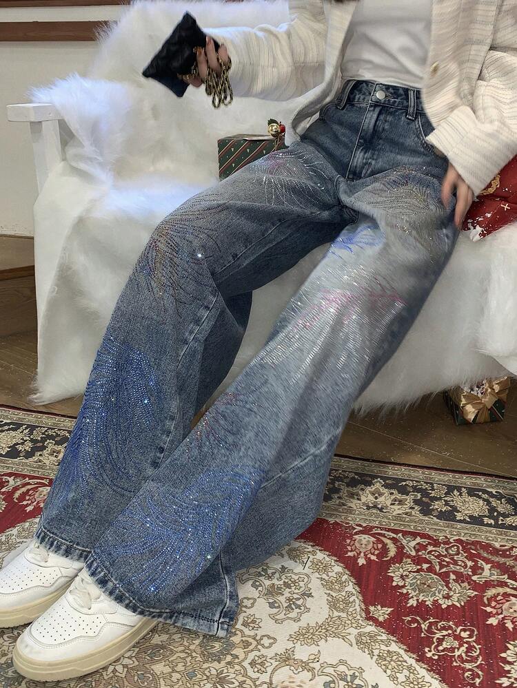 Women's Rhinestone Embellished Korean Style Distressed Washed Casual Jeans