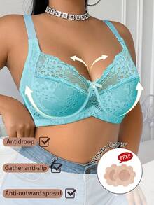 DesireSculpt Plus Size Lace Patchwork Bra With Underwire And Bow Decor, 1pc Lift Lingerie Bra - Blue - View 5