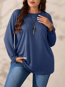 EMERY ROSE Áo thun mùa đông cổ tròn tay dài cỡ lớn, rộng rãi, mềm mại, dễ thương, quần áo mùa thu - Màu xanh hải quân - Xem 1