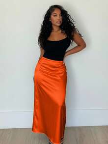 Alexandranx Women's Solid Color High-Waist Long Fishtail Hem Elegant A-Line Skirt - Burnt Orange - View 4